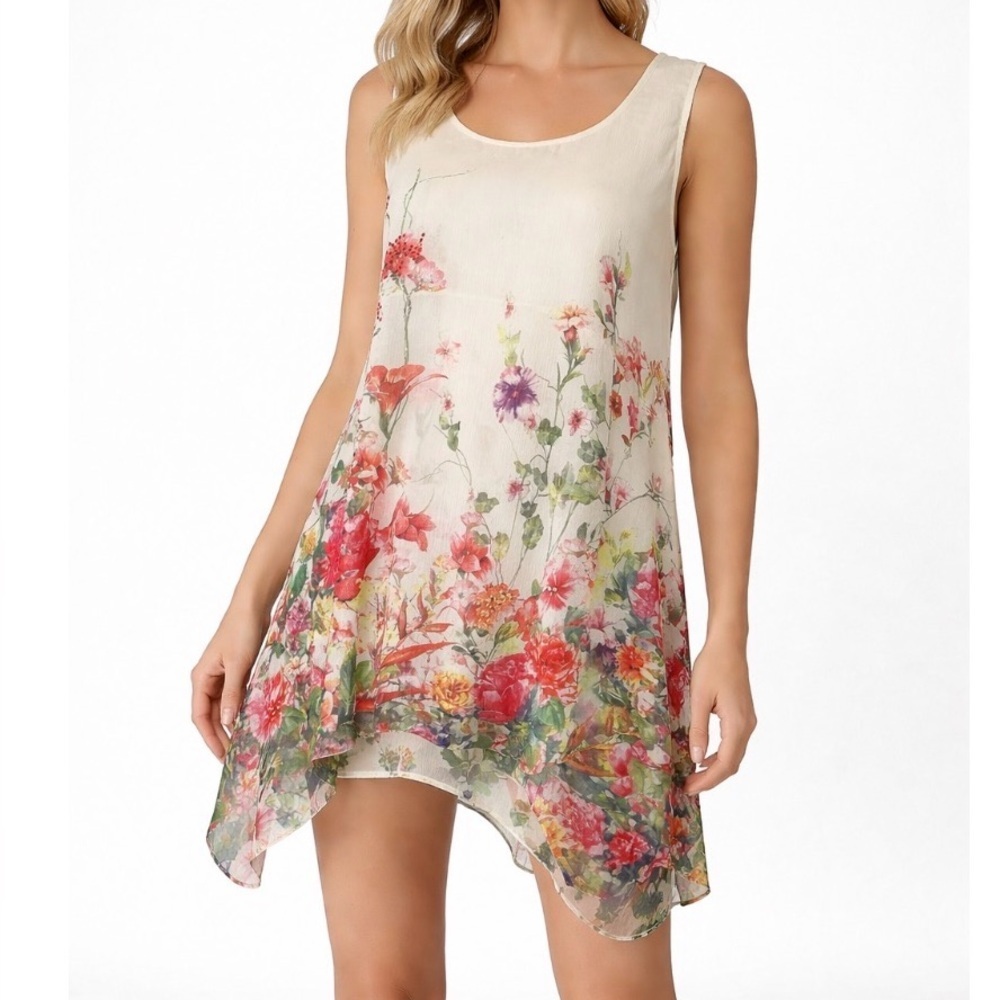 Cal Style top blouse floral asymmetric hem sleeveless floral vanilla floral 2XL